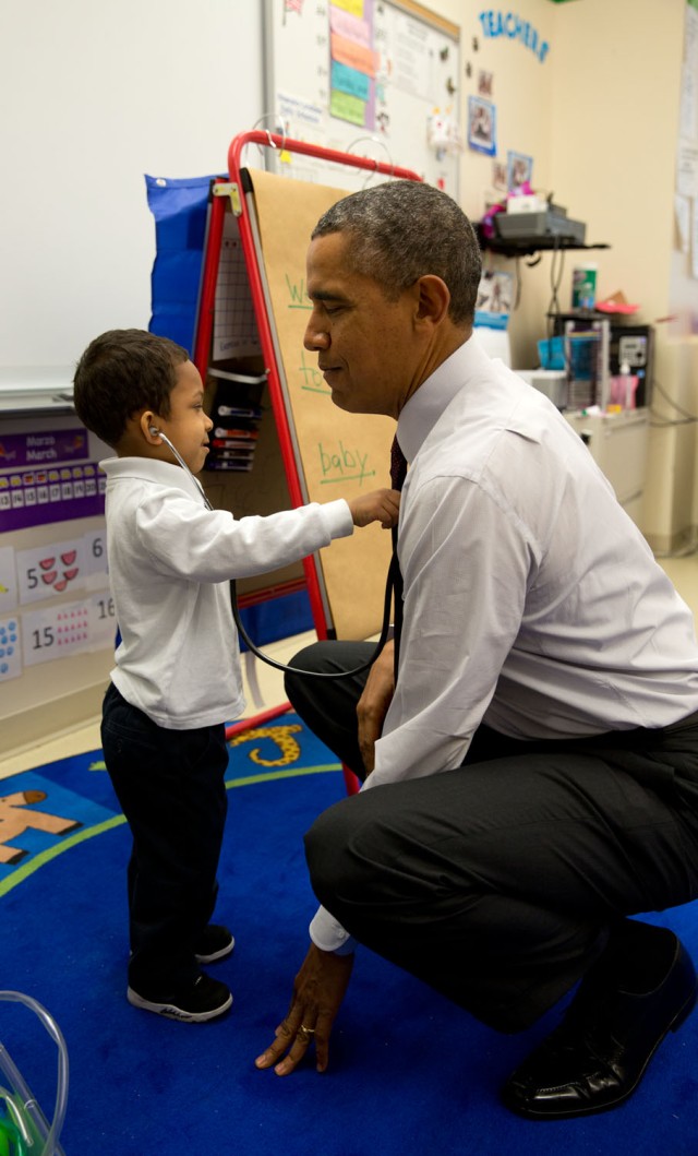 &quot;The President was visiting a classroom at Powell Elementary School in Washington, D.C. A young boy was using a stethoscope during the class, and as the President was about to leave the room, the President asked him to check his heartbeat.&quot; 